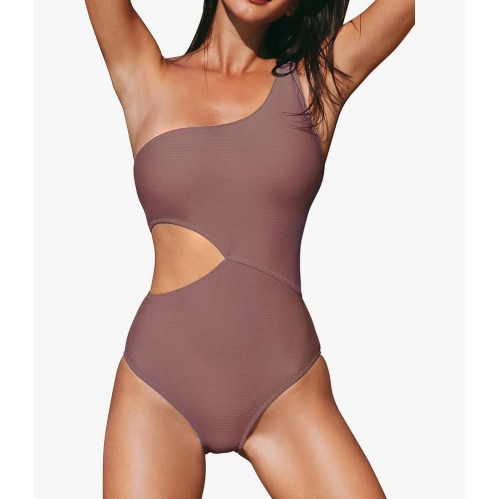 Cupshe -One Shoulder Cut Out Swimsuit Womens Mauve‎ Ribbed Texture Beach Pool